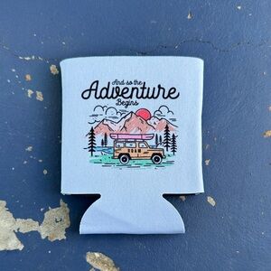 Outdoor Adventure Begins Can Koozie Light Blue
